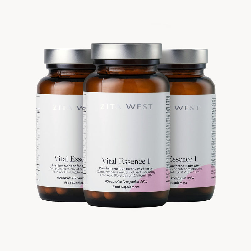 Three bottles of Zita West 'Vital Essence 1' on a white background