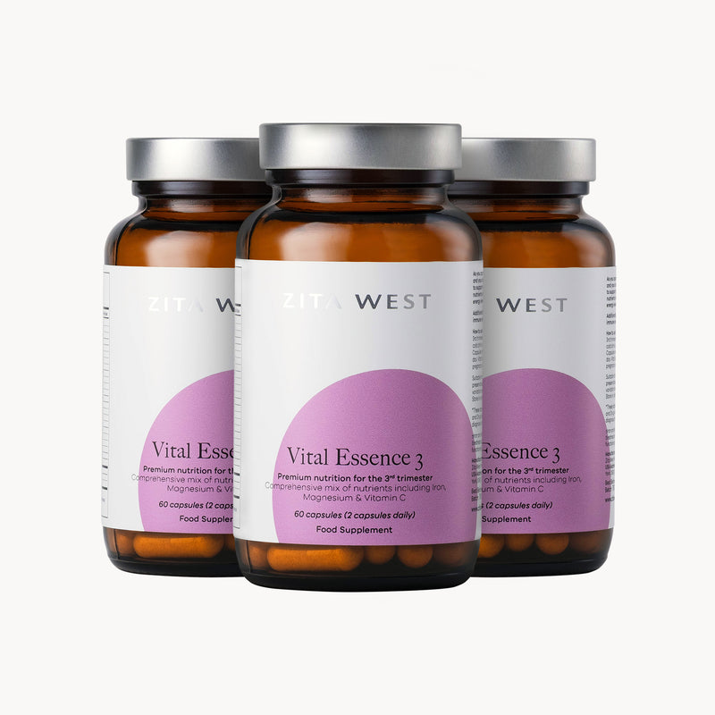 Three bottles of Zita West Vital Essence 3 on a white background