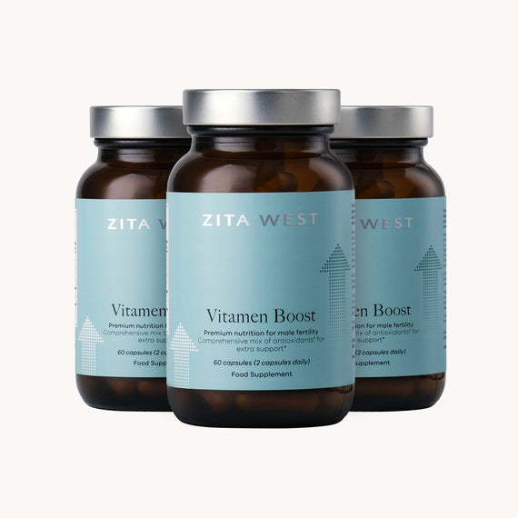 Three bottles of Zita West Vitamen Boost on a white background