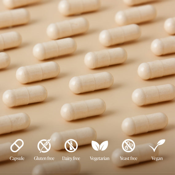 Row of beige capsules on a beige background with dietary freedom icons below.