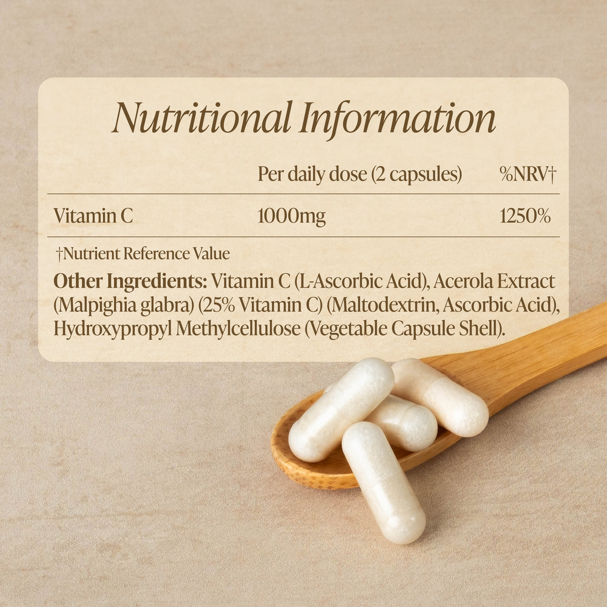Nutritional information label for a vitamin C supplement with capsules on a wooden spoon.