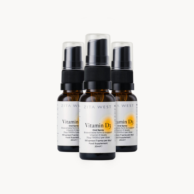 Three Zita West Vitamin D3 spray bottles on a white background