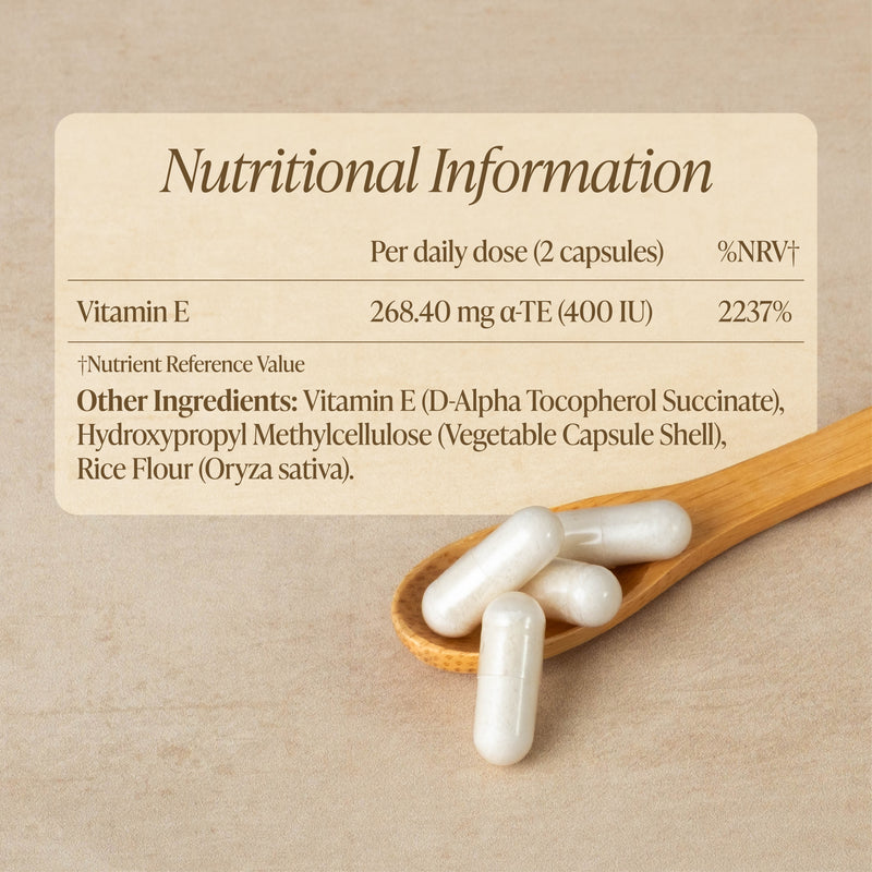 Nutritional information label for Vitamin E capsules with a wooden spoon and capsules on a beige background