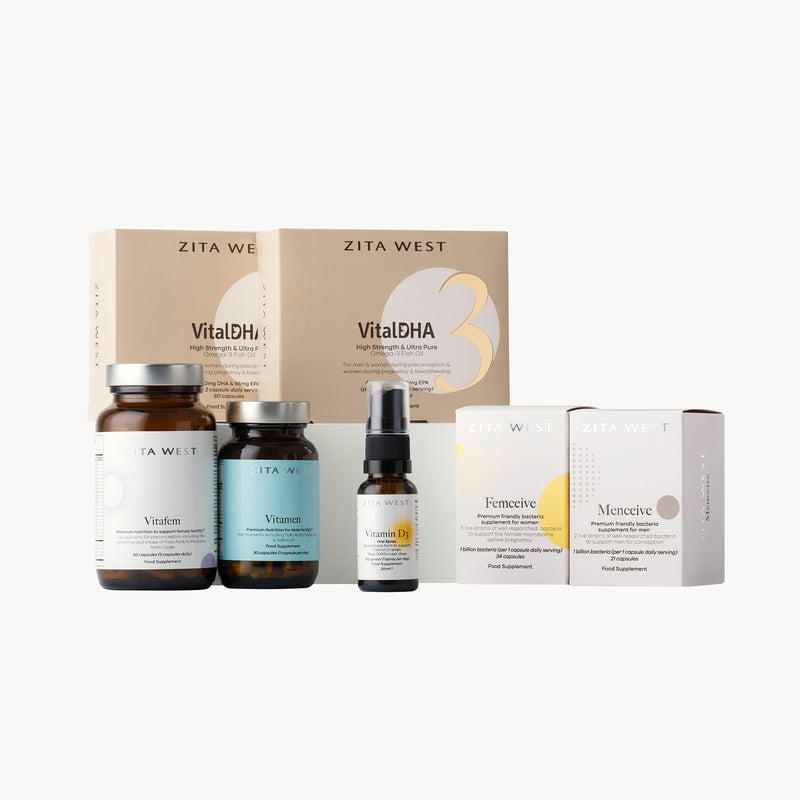 A collection of supplements for couples to support fertility by Zita West on a white background