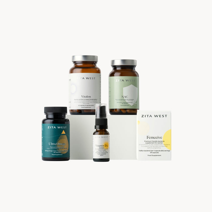 Collection of Zita West fertility products on a white background