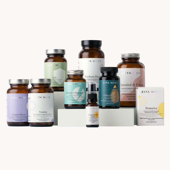 Collection of Zita West fertility and wellness products on a white background