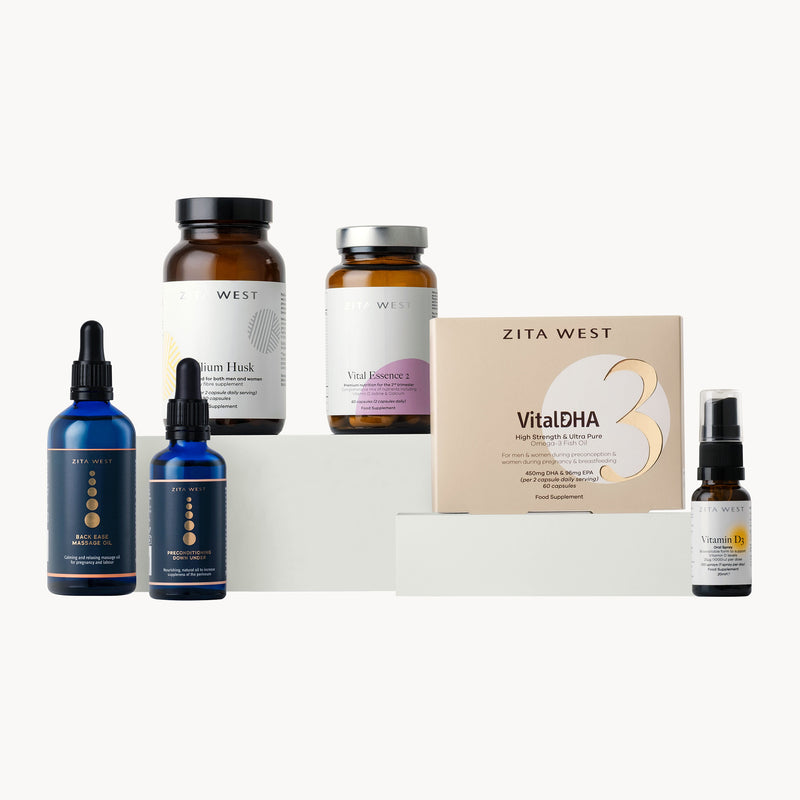 Collection of Zita West skincare and trimester 2 products on a white background