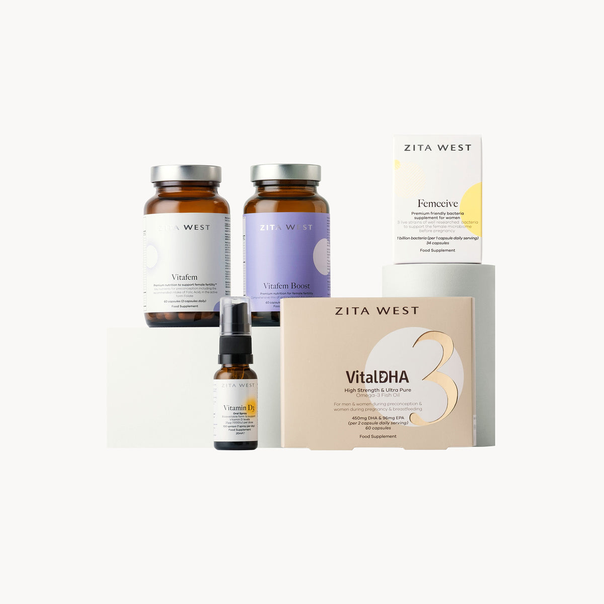 Zita West female fertility supplement products on a white background