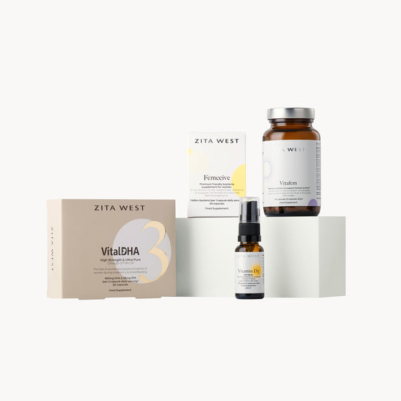 Collection of Zita West female fertility support supplements on a white background