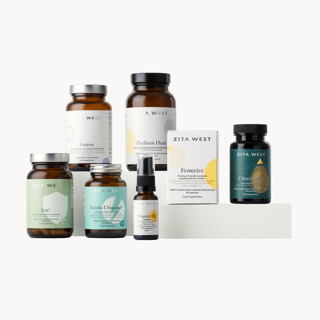 Collection of Zita West fertility and wellness products on a white background
