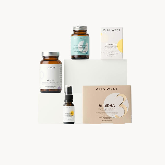 Collection of Zita West fertility and wellness products on a white background