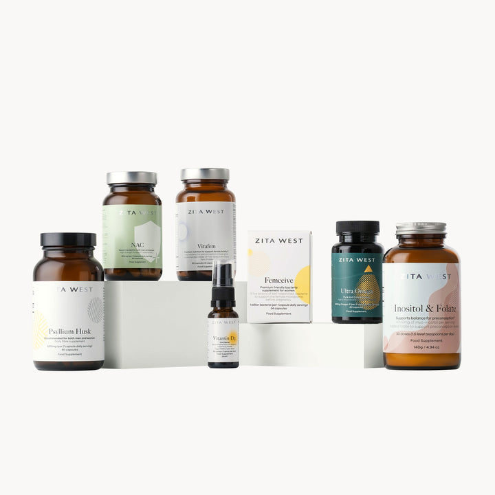 Collection of Zita West PMOS support supplements a white background
