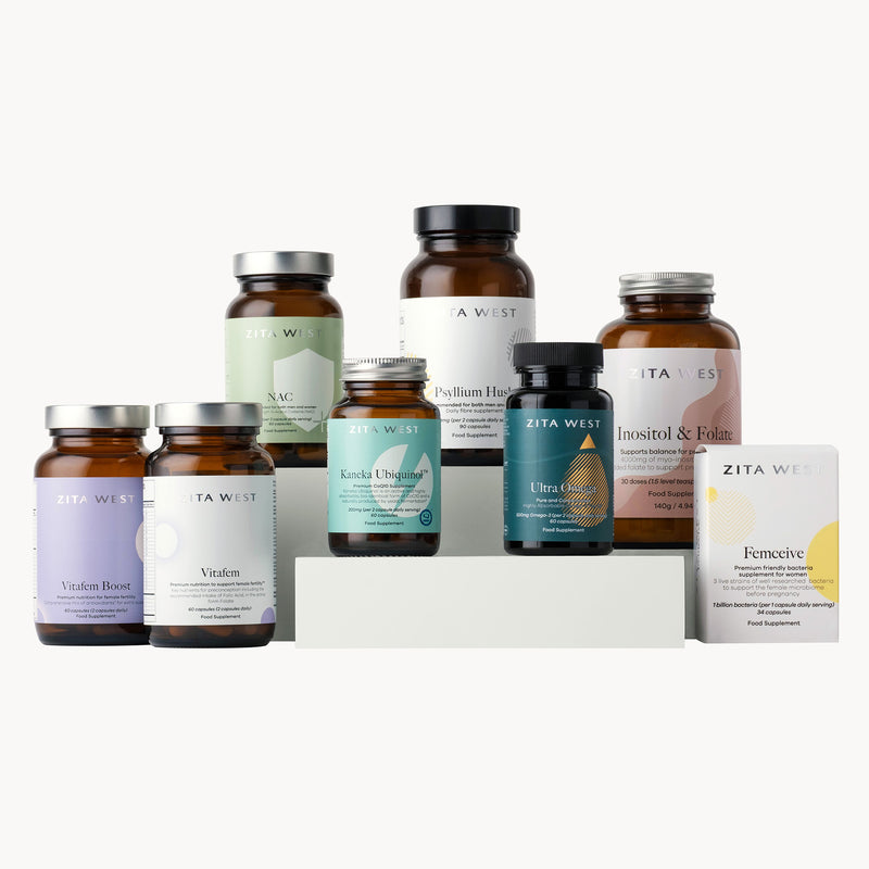 Collection of Zita West supplement bottles on a white background