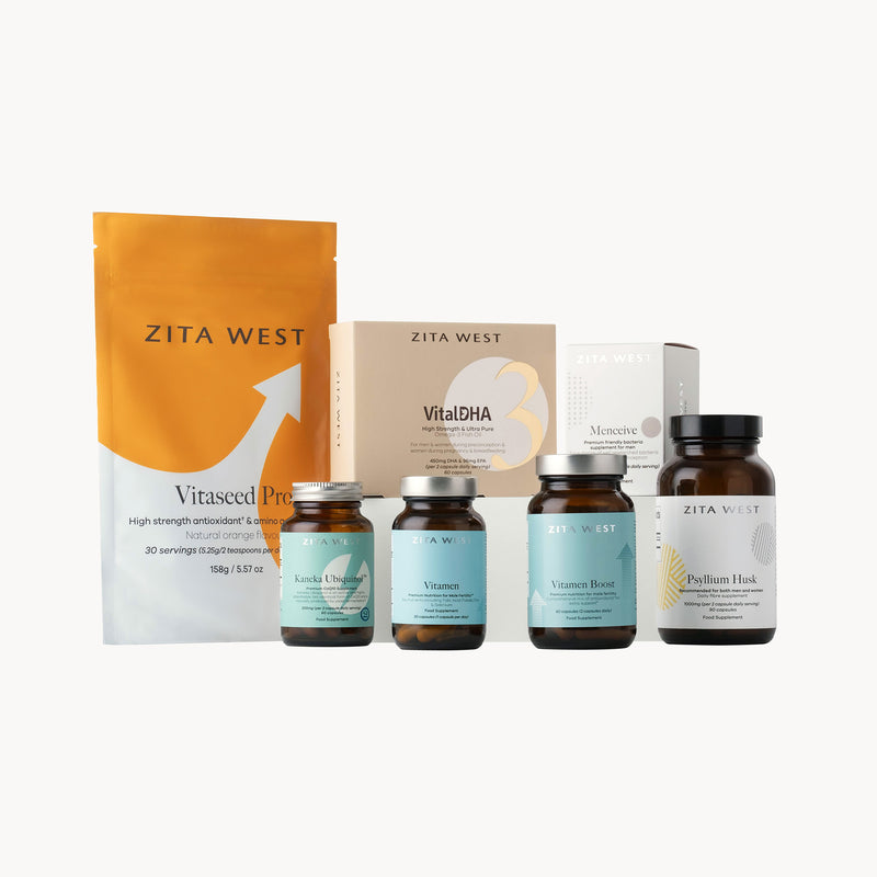 Collection of Zita West Male IVF Support Supplements on a white background