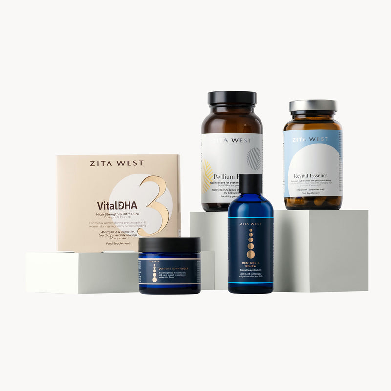 Collection of Zita West skincare and postnatal supplement products on a white background