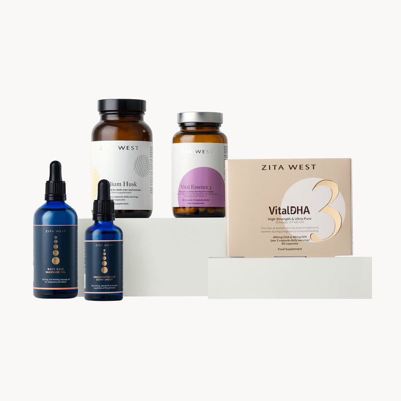 Collection of Zita West skincare and trimester 3 products on a white background