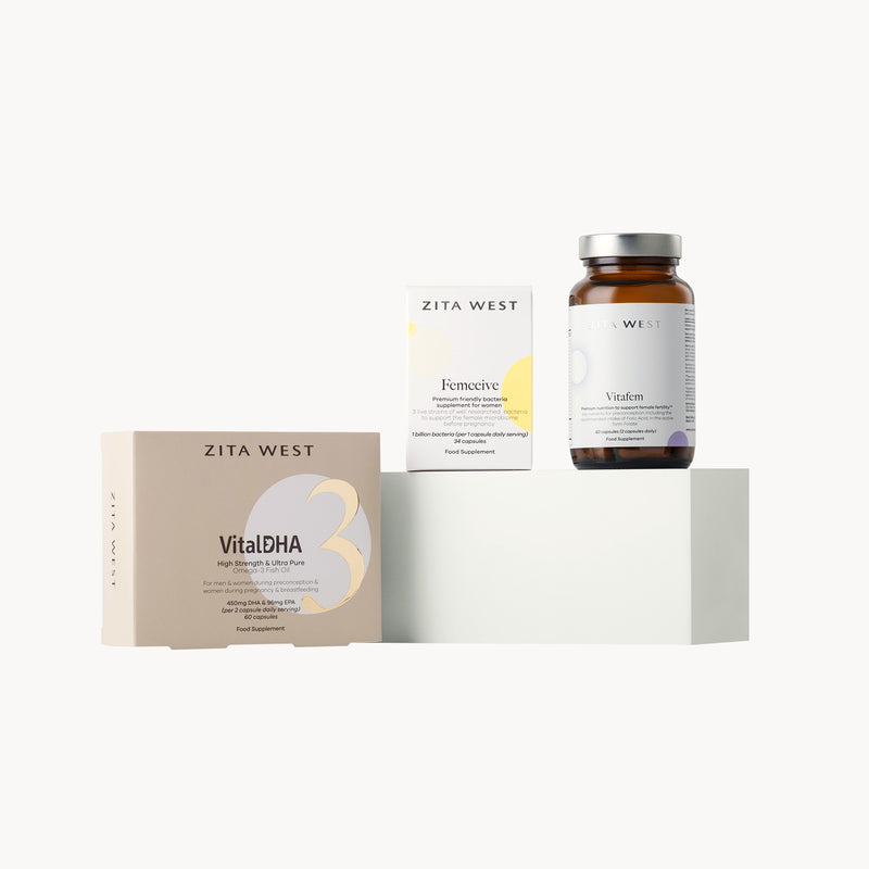 Collection of Zita West female fertility supplements on a white background