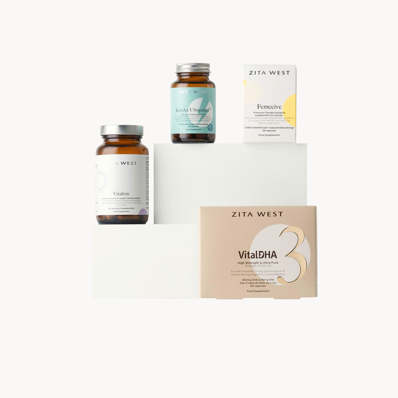 Zita West supplement bottles and boxes on a white background