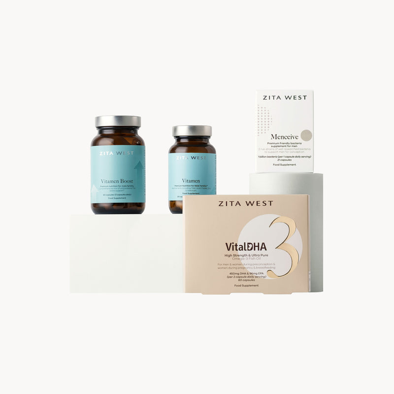 Zita West male fertility support supplements on a white background