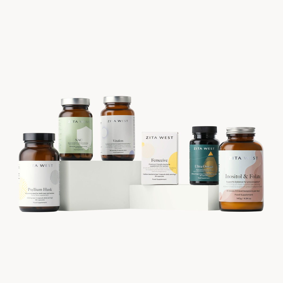 Collection of Zita West PMOS support products on a white background